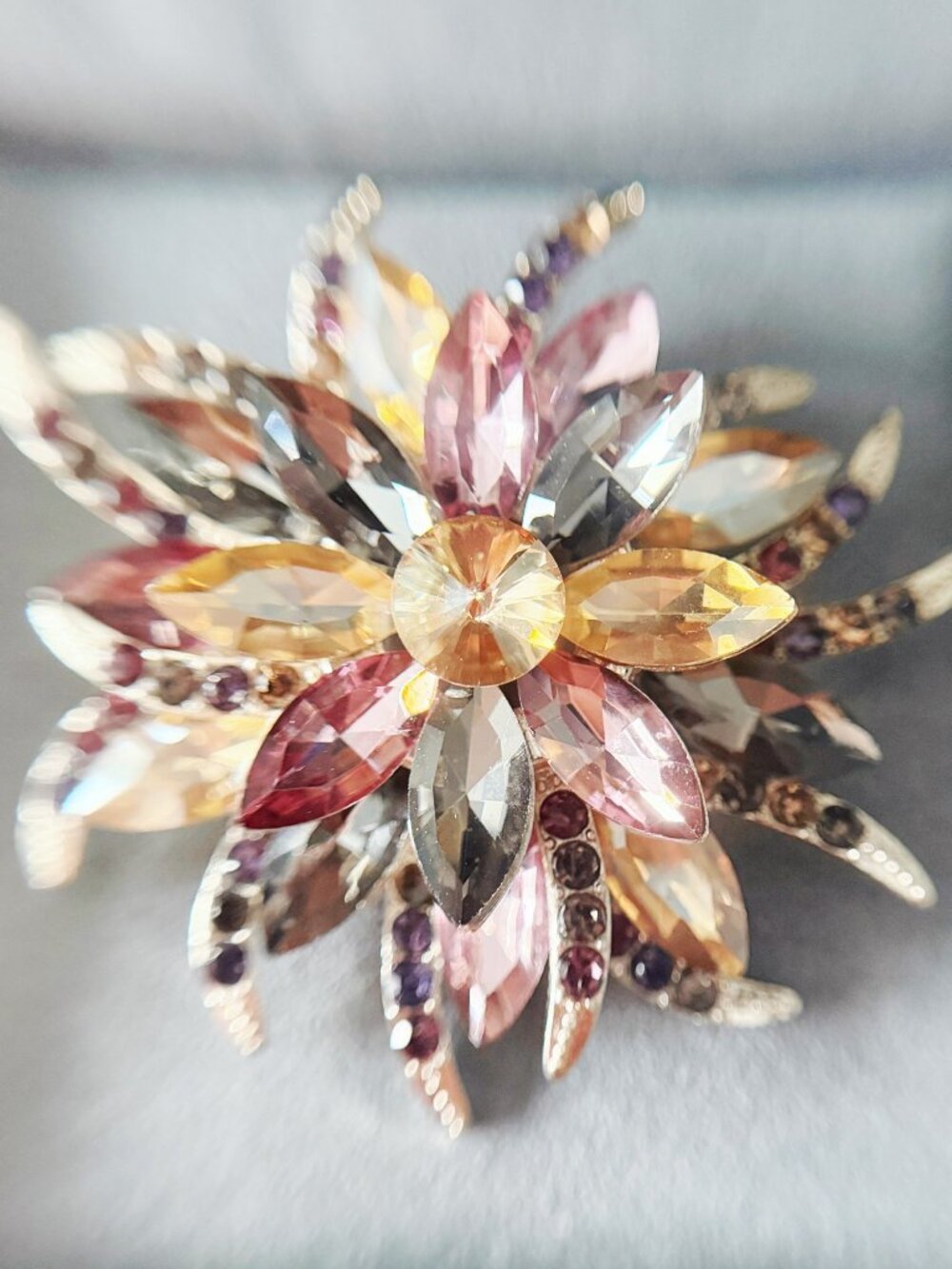 Pink, Champagne & Smoky Gray Rhinestone Flower Brooch Pin Vintage Style Jewelry
